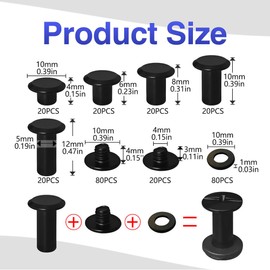 SHSMPXOY 100 Sets Chicago Screws M5*4/6/8/10/12mm Chicago Book Binding Screws Rivets for Leather Metal Rivet Replacement Repair for DIY Book Scrapbook Bookbinding, Bags,Collars(Matte Black)