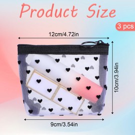 3Pcs Mini Cosmetic Bags, Heart Print Mini Zipper Mesh Bags, Lipstick Cosmetic Accessories Organizer, Zipper Mesh Cosmetic Bag for Women, Small Makeup Bag for Purse, Style 3