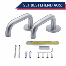 APECS Door Handles Door Handle Set Room Doors Inox Door Handle for Front Door and Interior Doors Door Fitting Round Rosette Set Stainless Steel Matt Handle Set U-Model H-0203, Silver