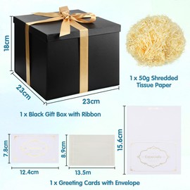 Gift Box Set, Black Gift Box with Lid, Deep Gift Box with Bow, 23 x 23 x 18 cm, Gift Box, Tipped Tissue Paper, Greeting Cards for Christmas, Birthday, Wedding Anniversary