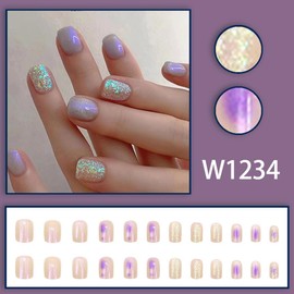 24Pcs Aurora Press on Nails Short Square - Purple Fake Nails Press ons with Cute Glitter Design Glossy False Nails Full Cover Acrylic Nail Art Kit Glue on Nail for Women Girls Supplies