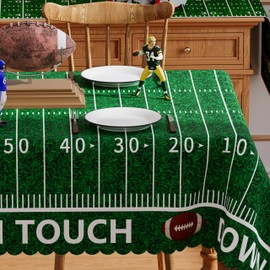 Siilues Football Tablecloth Rectangle 60X104 Inch, Washable Green Grass Touch Down American Football Field Tablecloth Scalloped Edge Waterproof Rugby Boy Birthday Party Decoration Table Cloth