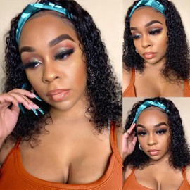 Maytune Headband Wig Curly Human Hair 14 Inch Headband Wigs Glueless Deep Wave None Lace Front Wigs for Black Women Water Wave Headband Wigs 150% Density Natural Color