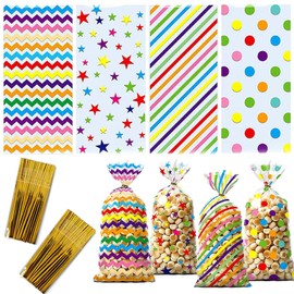 100 PCS 4 Styles Clear Cellophane Treat Bags with Twist Ties, Plastic Goodie Bags Cookie Candy Gift Bag for Kids Birthday Party Favor Supplies, All Saints' Day, Christmas, Wedding Gift Wrap (5×10.6in)