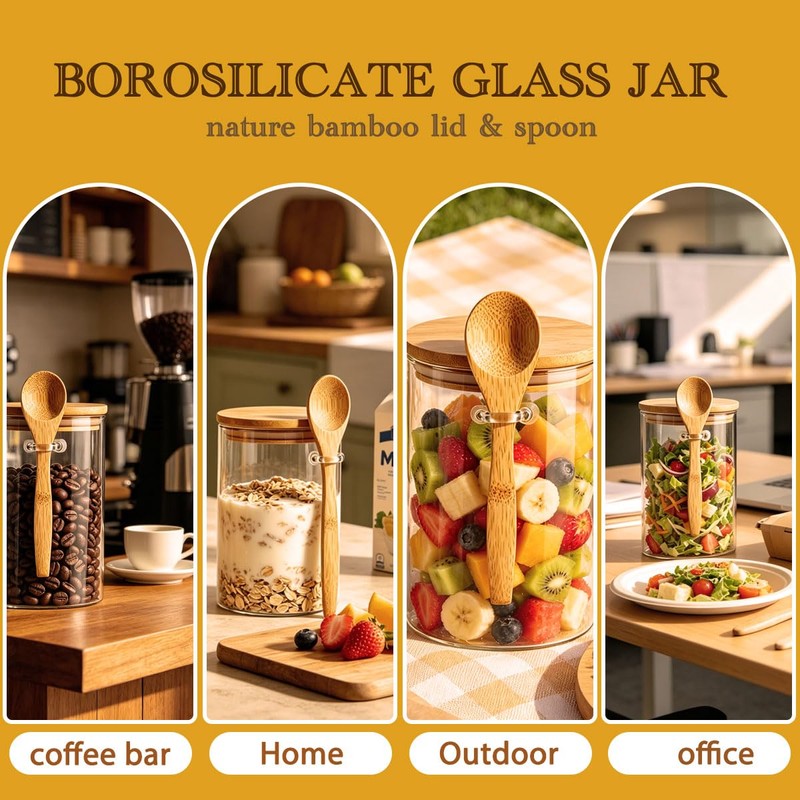 Airtight Glass Jars With Bamboo Lids And Spoons, 15oz Glass