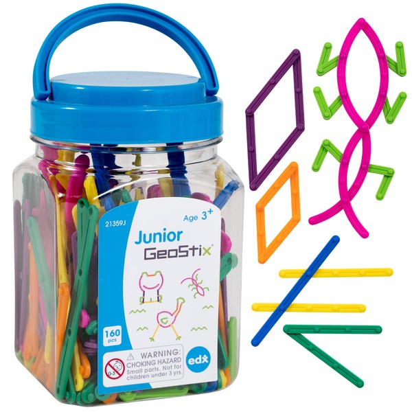 edxeducation - 21359 Junior GeoStix - Mini Jar Set of 160 - Geometric Construction Sticks - Build 2D Shapes and Pictures - Math Manipulative for Kids - Ages 3+