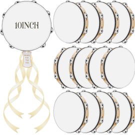 Lukmaa 12 Set 10 Inch Tambourine for Adults Tambourines Bulk Wooden Hand Held Drum with Metal Jingles, Gift Tags, Beige Ribbon Percussion Gift Musical Instrument for Church Wedding Party Favor