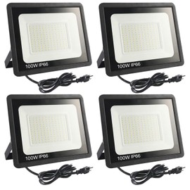 4Pack LED Flood Light Outdoor,100W LED Work Light 11000lm with 6FT US Plug,IP66 Waterproof Exterior Security Lights,6000K Daylight White Outside Floodlights Slim Design for Playground Yard