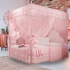 Uadme Luxury Princess Bed Curtain Canopy Netting Mosquito Net,Punch-free Installation Bed Net for Single or Double Bed Ideal,King Size Four Corner Post Curtains Bed Canopy for Decorative(Pink M)