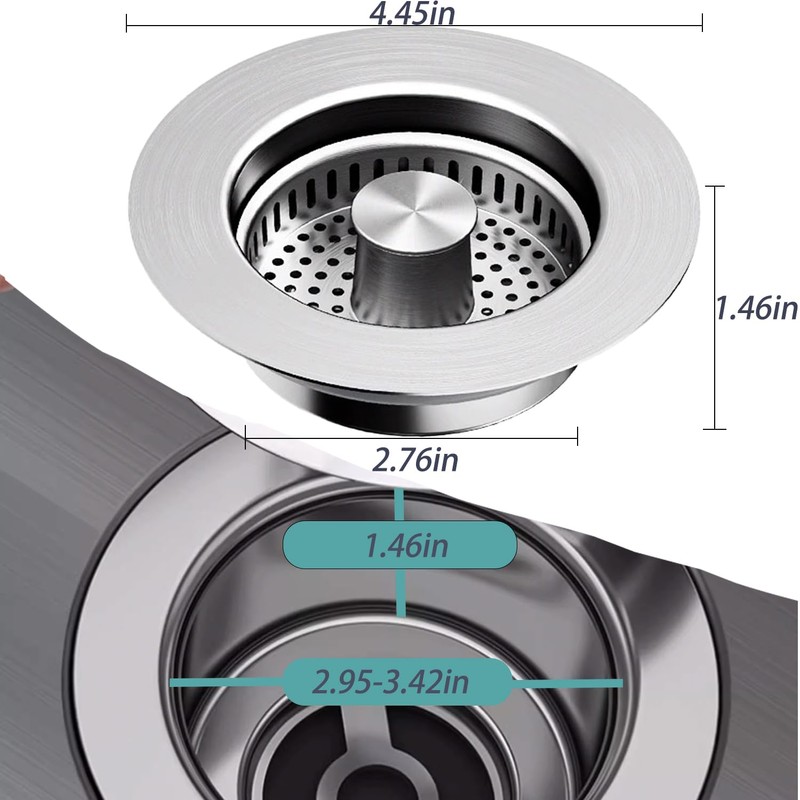 3-in-1 Kitchen Sink Drain Strainer, Upgraded 304 All Stainless Steel