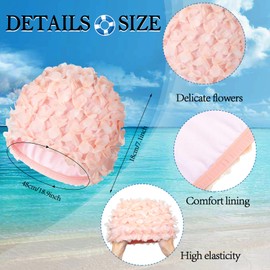 2 Pcs Lace Vintage Swim Cap Flower Floral Petal Retro Style Bathing Caps Pink Black Women's Long and Short Hair Swimming Hat Not Waterproof