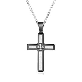 LuxSep Stainless Steel Curb Chain Zircons Black Cross Pendant Necklace for Men Boys 55cm