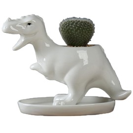Eabdice Dinosaur Shaped Flower Pot, Ceramic, Handmade Ceramic Flower Pot, Dinosaur Flower Pot, for Balconies, Gardens, Bookshelves, Flower Stand (White)