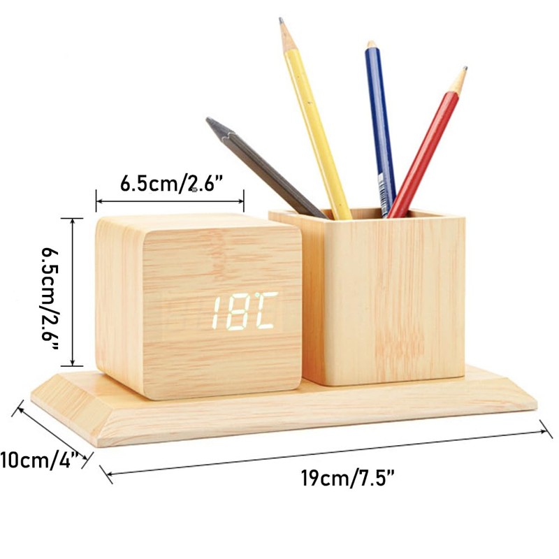 ThreeH Wooden Digital Alarm Clock, Pen Holder, LED Time Display,