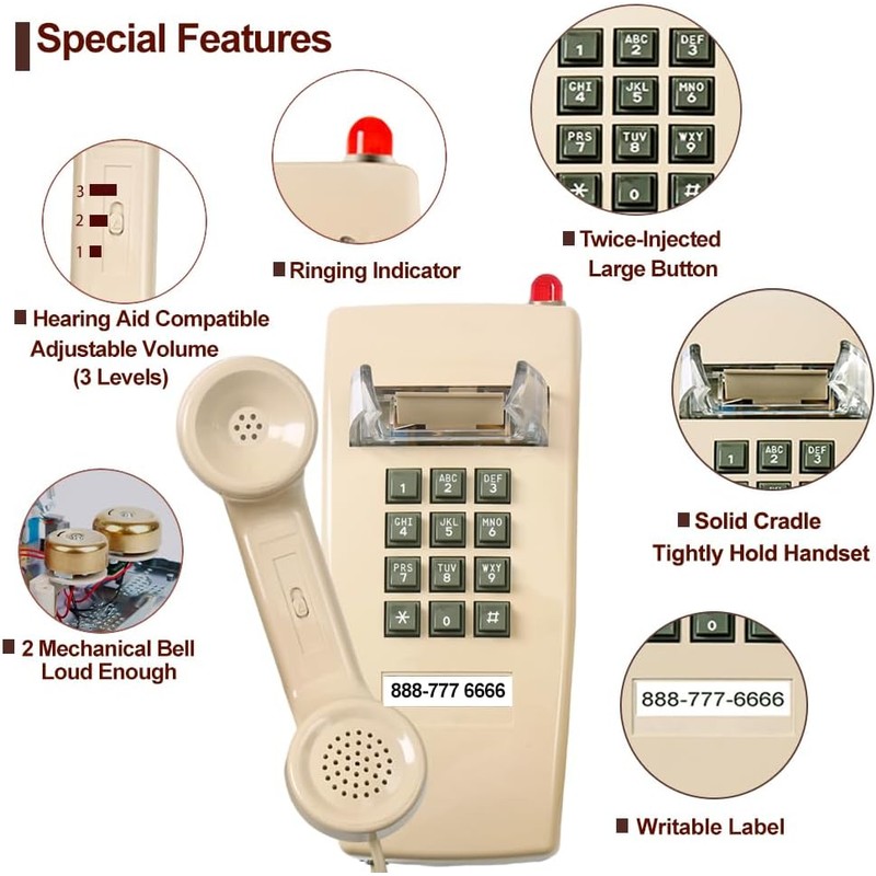 Traditional Wall Phone Metal Bell,Classic 2554 Wall Telephone (Hearing Aid