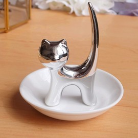 PUDDING CABIN Ring Holder Dish, Sliver Cat, Jewelry Storage for Women, Cat Lover Gifts, Christmas, Mother's Day, Birthday, Wedding, Engagement, Valentine's Day