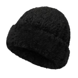 Sunch Craft Winter Knitted Yarn Hat Women Fashion Furry Fur Cap Girls Boys Outdoor Keep Warm Elastic Beanie, Black, One Size-Medium