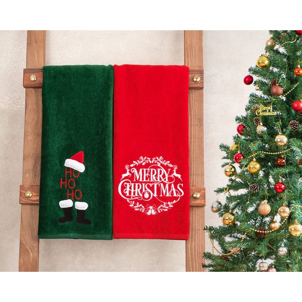 American Soft Linen Christmas Towels Bathroom Set, 2 Packed Embroidered Decorative 100% Turkish Cotton Hand Towels, Dish Towels for Decor Xmas, Merry-Hoho
