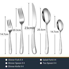 Cubiertos Hammed de 20 piezas - Juego de cubiertos de acero inoxidable 18/10 con cuchillo/cucharas/tenedores dentados 2 en 1 ultra afilados - Pulido espejo, apto para lavavajillas (Plata)
