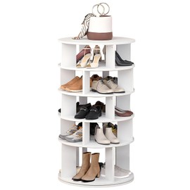 YKLYTBD 5-Tier Rotating Shoe Rack Tower, Wooden Spinning Shoe Rack Organizer for Entryway & Closet, 23.6” Wide Space-Saving Free Standing Tall Shoe Storage Cabinet with Lazy Susan Design