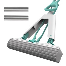 Wusudur Sponge Mop for Home Commercial Use Tile Flooring Bathroom Garage Cleaning Hands-Free Stainless Steel Long Handle with Two Super Absorbent Sponge Head