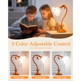 WERFOP Vintage Flower Table Lamp,‎ LED Reading Lamp Cute Flower Bedside Night Light 3 Color Modes Gooseneck Desk Lamp Kawaii Decor for Living Room Bedroom Home (Orange)