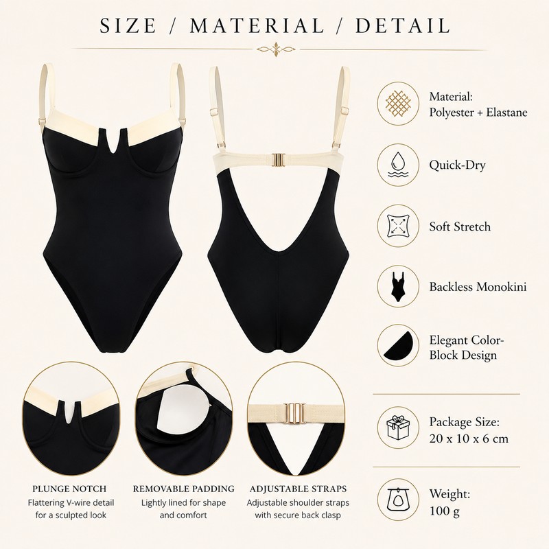 Women’s One-Piece Monokini Swimsuit for Beachwear – Black & White