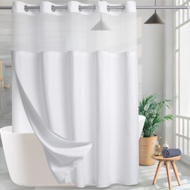 KONZENT Waffle Shower Curtain Hotel Fabric Shower Curtain Machine Washable with Snap in Removable Liner for Bathroom Bathtubs Spa(White,71" (W) X 84" (H))