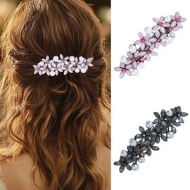 EASEDAILY Flower French Hair Clips Barrette Pearl Hair Barrettes Vintage Hair Accessories for Women (Pack of 2) (Black Blue and Pink)