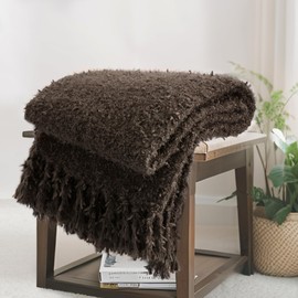 CloudDwelling Knit Throw Blanket Fluffy Fuzzy Soft Lightweight Cozy Farmhouse Tassels Chunky Knitted Throws for Couch Sofa Bed (Brown, 60"x80")