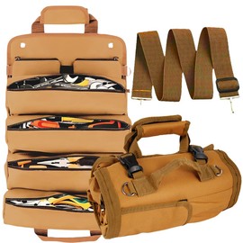 Tool Bag Roll Up, Heavy Duty Rolled Empty Tool Storage Organization, Portable Foldable Rollup Organizer with 2 Small Pouches, Rollable Carrying Toolbag, Dad Men Mechanic Birthday Gifts (Brown)