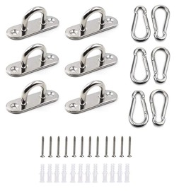HOMPER 6Pcs M5 304 Stainless Steel Oblong Pad Eye Plate and 6Pcs Carabiner Clips, Marine Hardware Staple Hook Loop With 12 Screws and Plastic Plugs