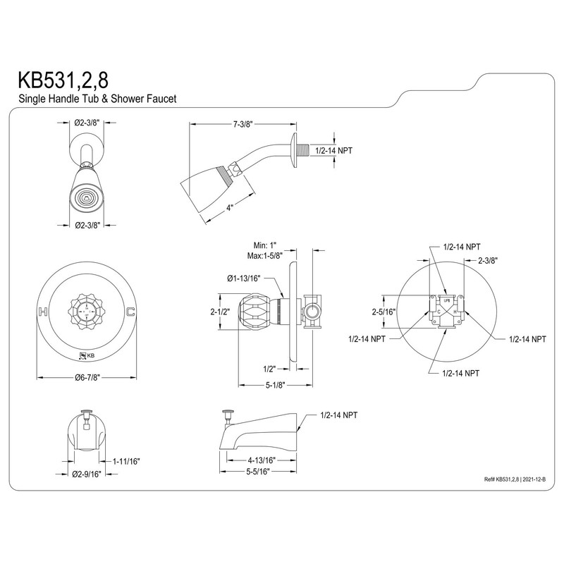 Kingston Brass KB532 Single Acrylic Handle Tub and Shower Faucet,