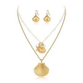 Ever Faith Gold Shell Necklace, Starfish Sea Shell Layered Boho Seashell Pendant Layered Necklaces Summer Beach Surfer Costume Jewellery for Women