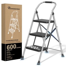Step Ladder Foldable Folding Stool - for Home Adults Kitchen 3 Stepping Extension Tall Heavy Duty with Handrails - Closet Stepstool Stair Ladders Extendable Stepladder for Indoor House 600Lbs
