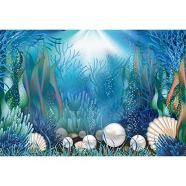 AOFOTO 7x5ft Fairytale Undersea Pearl Shell Backdrop Deep Sea Plants Coral Pearl Mussels Underwater Mermaid's Shelter Background for Photography Happy Birthday Party Banner Baby Shower Photo Booth