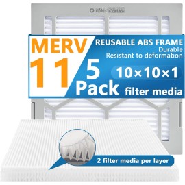 OlitAir Air Filter -  Furnace/HVAC, 10 x 10 x 1, MERV 11 - 5-Pack W/Reusable ABS Frame
