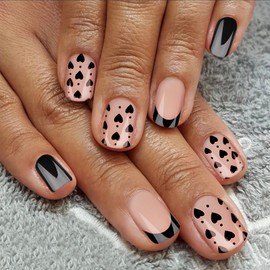 hadutrek French Tip Press on Nails, Short Square Medium Fake Nails with Nail Glue, Reusable Soft Gel Stick On Nails for Women Girls Gift, 24PC Cute Heart Pattern Glue On Nails Kit