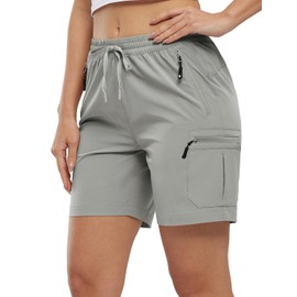 BASUDAM Women's Athletic Shorts Quick Dry Cargo Lightweight Zipper Pockets Summer Outdoor Hiking Running Light Grey XL