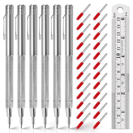 6 Pack Tungsten Carbide Scriber Tools Set - 6 Engraving Pens with 24 Replacement Tips & 6-Inch Steel Ruler, Magnetic Metal Marking Tools for Glass, Steel, Ceramics, Wood, Leather, Welding & Crafting
