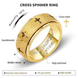 Anxiety Spinner Ring for Men - Stainless Steel Fidget Spinner Ring, Band Cross Thumb Roating Rings for Stress Relief 8mm Anxiety Relieve Fidget Toys for Adults Ring Size 6 7 8 9 10 11 (Gold, 8)