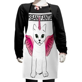 Ambesonne Unicorn Cat Apron, Urban Fantasy Theme Cat with Pink Wings and Horn Vintage Fiction Art, Small Apron Bib with Adjustable Ties for Baking Painting, Small Size, Pink Black