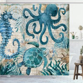 GOOESING Nautical Biological Theme Shower Curtain Blue Ocean Sea Turtles Octopus Seahorse Beach Coral Reef Vintage Nautical Map Curtain Fabric Bathroom with Hooks Washable, Teal,72 X 72 Inch