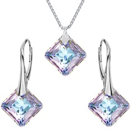 Jewellery Set for Women Earrings Silver 925 Hanging Princess - Women's Necklace with Pendant - Jewellery Set for Her with Crystals - Earrings Hanging and Necklace Girls Gift Women, Silver, Crystal