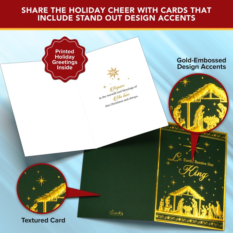 Decorably 18 Pack Gold Foiled Embossed Religious Christmas Cards with