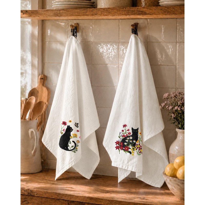 Miss Adola Embroidered Flour Sack Kitchen Towels, Black Cat