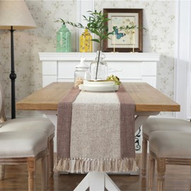 Cotton Linen Farmhouse Style Table Runner, French Country Handmade Tassel Table Runners 94 Inches Long for Dining Decorations, Dresser Scarf and Holiday Party, 15 x 94 Inch, Beige