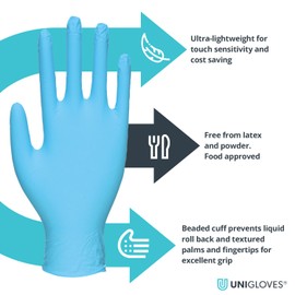Unigloves Unicare Flex Nitrile Multipurpose Disposable Gloves, Powder Free, Ultra Lightweight, Box of 100 Gloves in Blue, Size Small (GS0212)