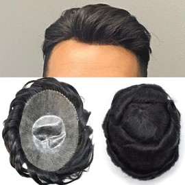 Toupee for Men Hair Replcement System Mens Toupee Full Poly Thin Skin Human Hair Piece All PU Injection Toupee Hair Systems (8''X10'', 1# Jet Black)
