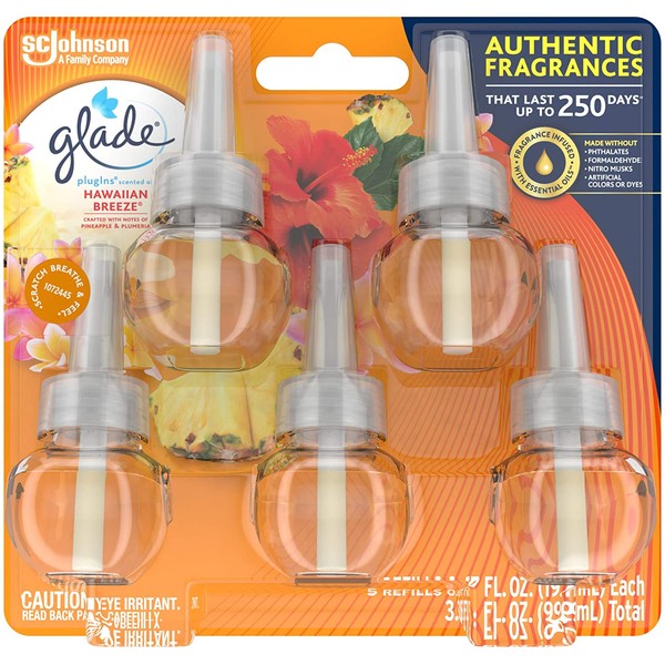 Glade PlugIns Refills Air Freshener, Scented and Essential Oils for Home and Bathroom, Hawaiian Breeze, 0.67 Fl Oz (Pack of 5)